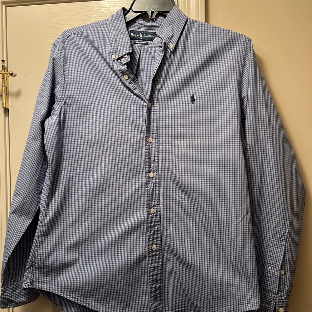 Men’s Ralph Lauren Polo button down Custom Fit Shirt light blue & navy plaid (L)